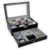 Mens 6-24 Grid Slots Watch Box Leather Display Glass Top Jewelry Storage Case UK
