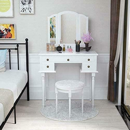 White Dressing Table Fold 3 Mirror & Stool Set 5 Drawer Bedroom Makeup Desk