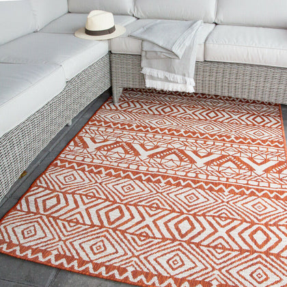 Orange Outdoor Rug | Washable Flatweave Rug | Tribal Geometric Garden Patio Rugs