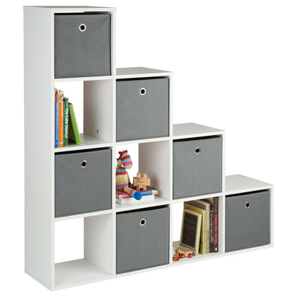 Hartleys White 10 Cube Shelving Unit Storage Furniture Shelf 6 Grey Fabric Boxes