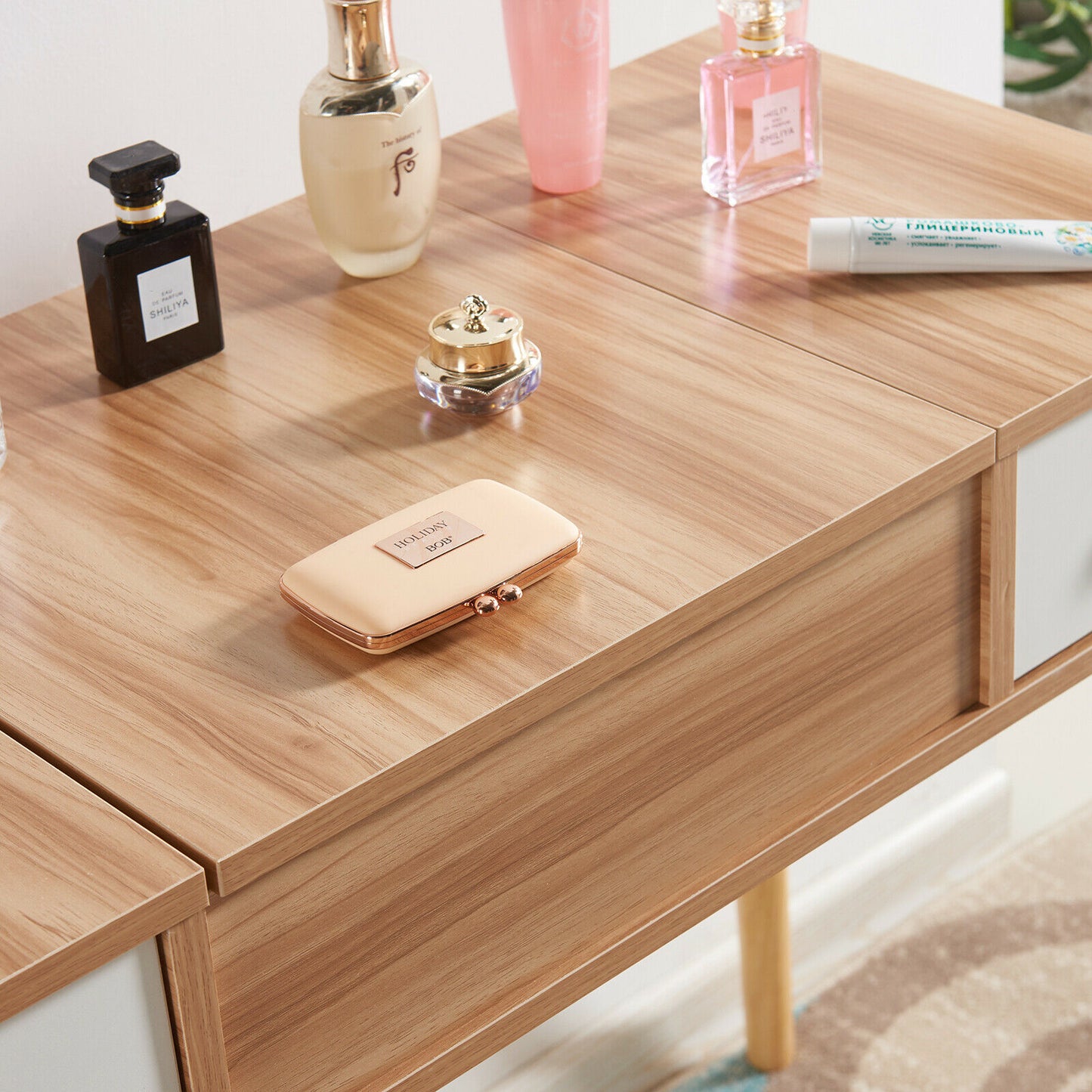 Modern Dressing Table Makeup Desk w/Flip-up Mirror 2 Drawers Storage & Stool