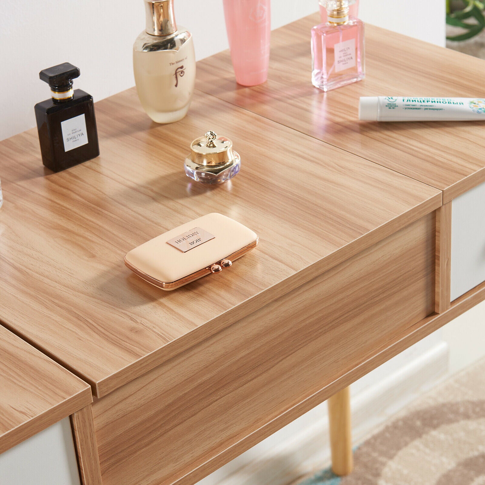 Modern Dressing Table Makeup Desk w/Flip-up Mirror 2 Drawers Storage & Stool