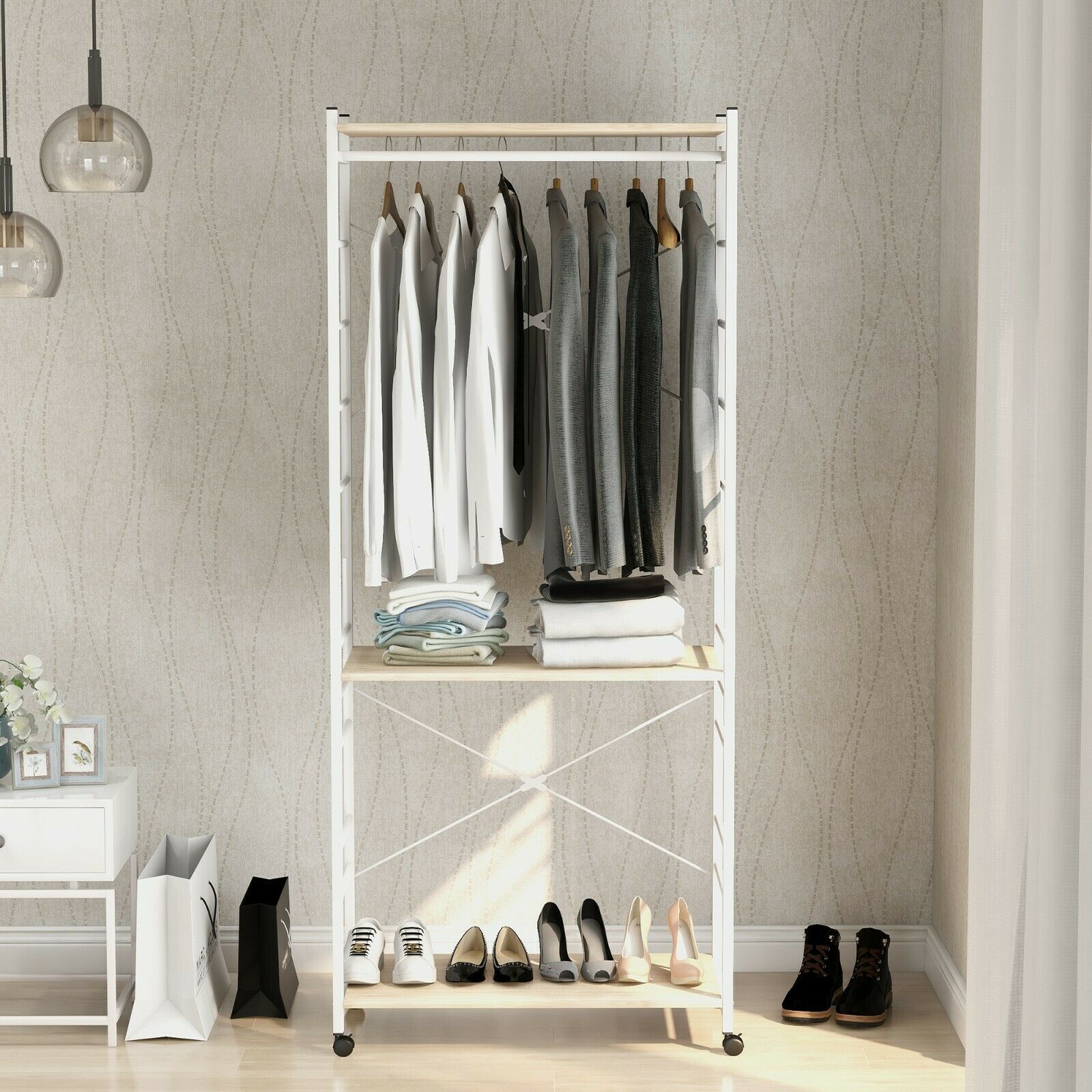Coat rank Shoe Rack Hanging Bench Seat Hanger with Removable 6 Hooks Wood