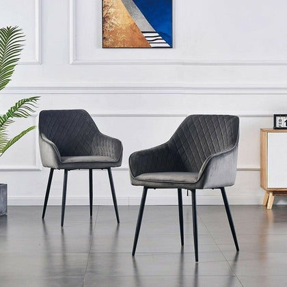 2PCS Modern Grey Velvet Fabric Upholstered Dining Chairs Armchairs Metal Legs