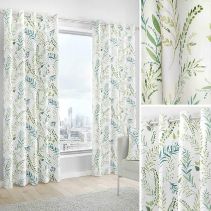 Green Eyelet Curtains Fern Leaf Cotton Ready Made Lined Ring Top Curtain Pairs