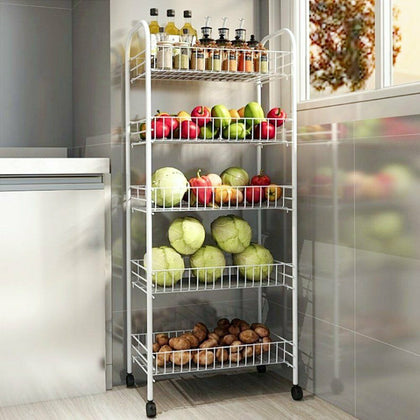 5 Tier Kitchen Storage Rack Wheel Trolley Vegetable Fruit Cart Drawer Chrome