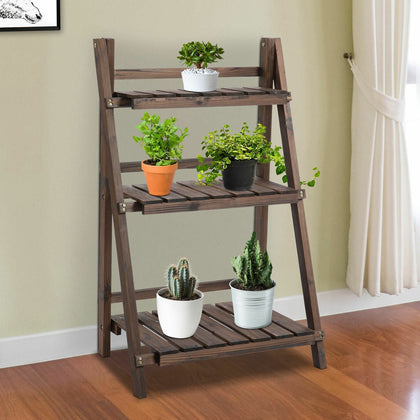 Outsunny 3-Tier Wooden Shelf Foldable Flower Pots Holder Stand Indoor Outdoor