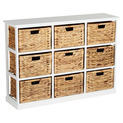 HARTLEYS 3x3 WHITE WOOD HOME STORAGE UNIT 9 WICKER DRAWER BASKETS CHEST/CABINET