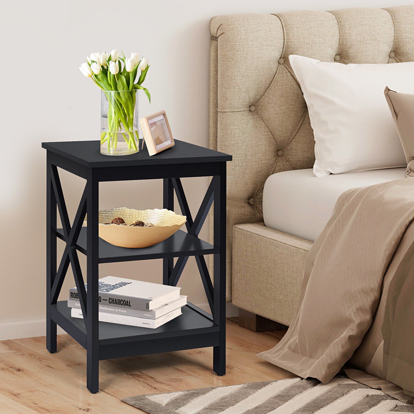 3-tiers Bedside Table X-design Nightstand End Table Wooden Bedroom Storage Table