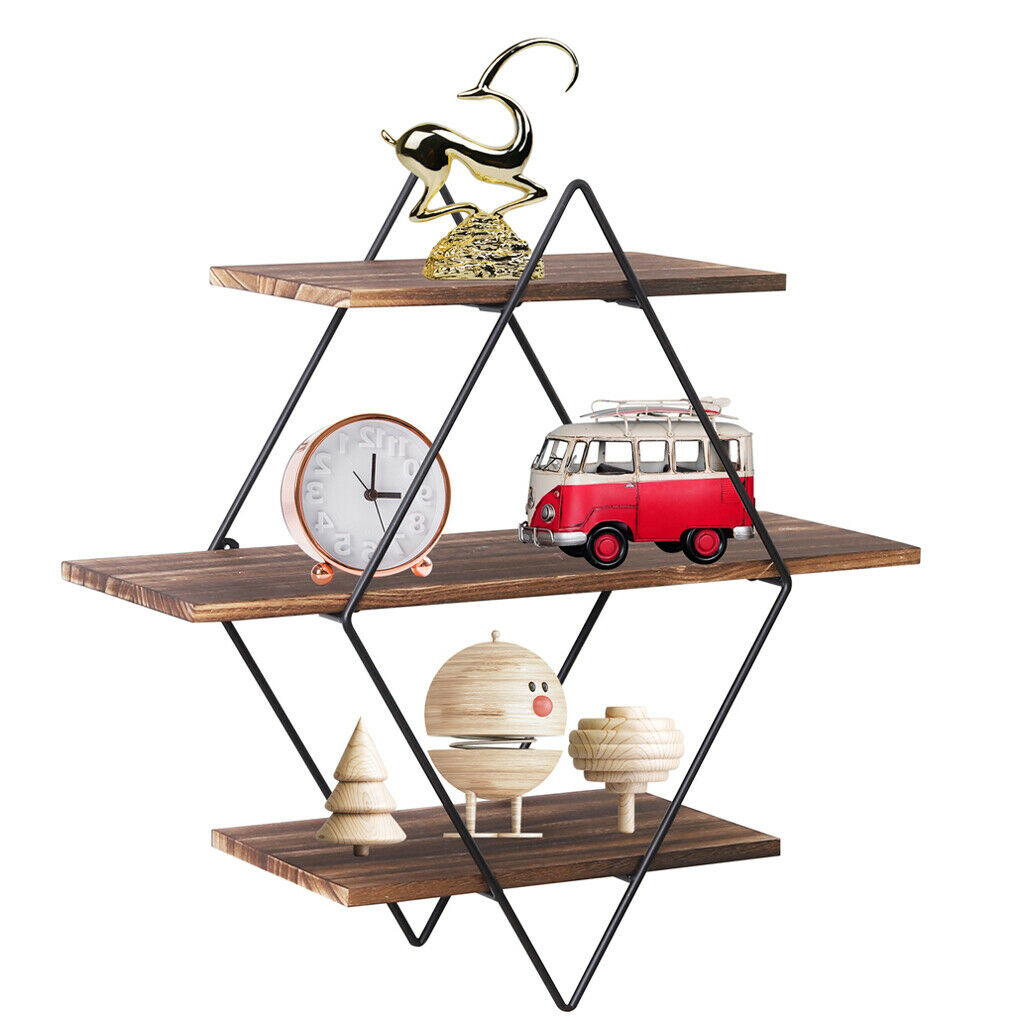 3 Tiers Diamond Floating Shelf Wall Mounted Storage Shelving Vintage Wooden Rack