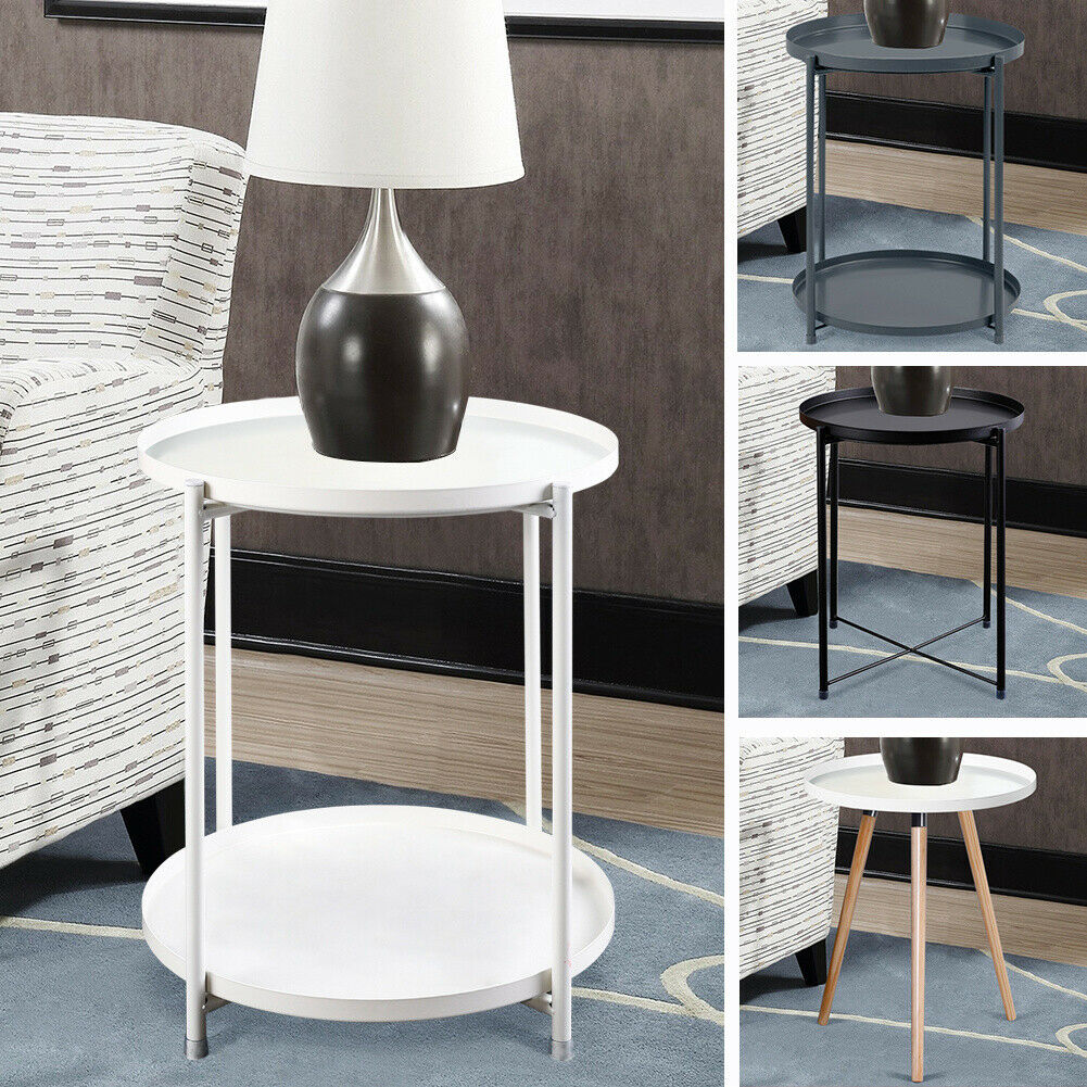 Round 1/2 Tier Metal Sofa Side End Drinks Coffee Table Tray Top Bedside Desk UK