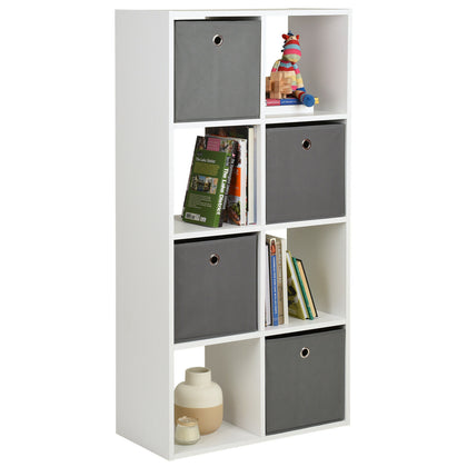 Hartleys White 8 Cube Shelving Unit Furniture Shelf 4 Grey Fabric Storage Boxes