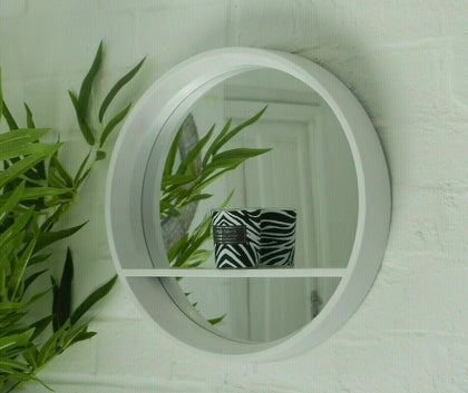 White Mirror Glass Retro Display Shelf Modern Round Wall Unit Bathroom Bedroom