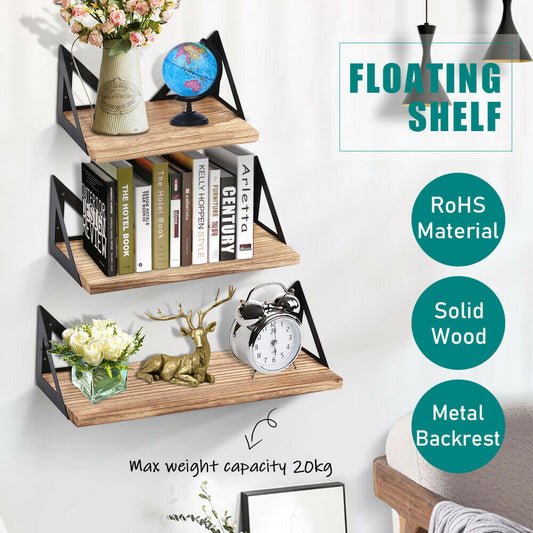 SOLID WOODEN STORAGE SHELF UNIT FLOATING WALL MOUNTED SHELVING 3 TIER BOOKSHELF