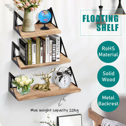 SOLID WOODEN STORAGE SHELF UNIT FLOATING WALL MOUNTED SHELVING 3 TIER BOOKSHELF