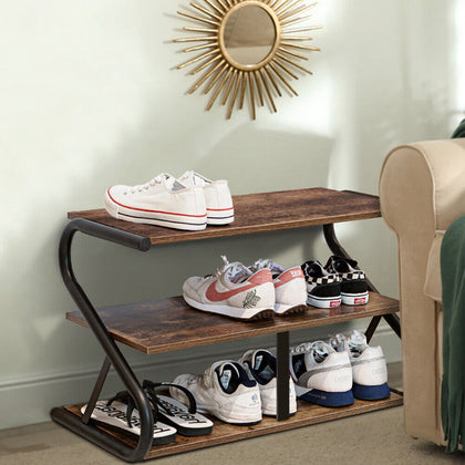 Hallway Entryway Shoe Bench Industrial Rustic Wood &Metal Storage Shelf Rack