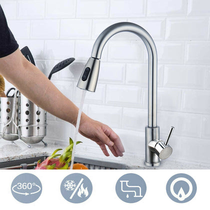 Kitchen Sink Taps Chrome Mixer Tap 360° Swivel Spout Single Lever Pull Out Tap