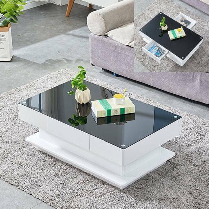 Coffee Table End Table with 2 Storage Drawers Glass Top Livingroom Black White
