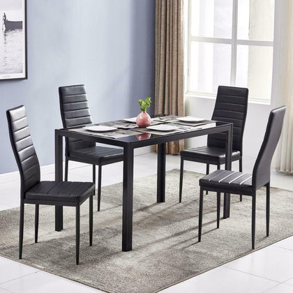 Black Dining Rectangle Table and 4 PU Chairs Set Kitchen Dinning Room Furniture