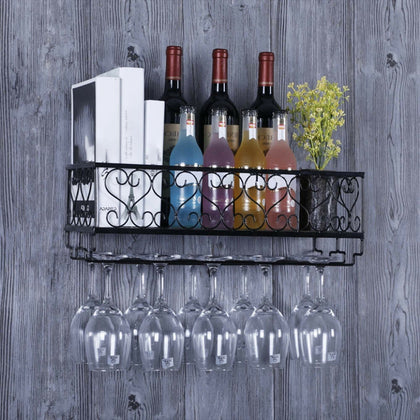 50x20cm Full Metal Black Wall Mounted Gin Wine Glass Display Shelf Rack Holder