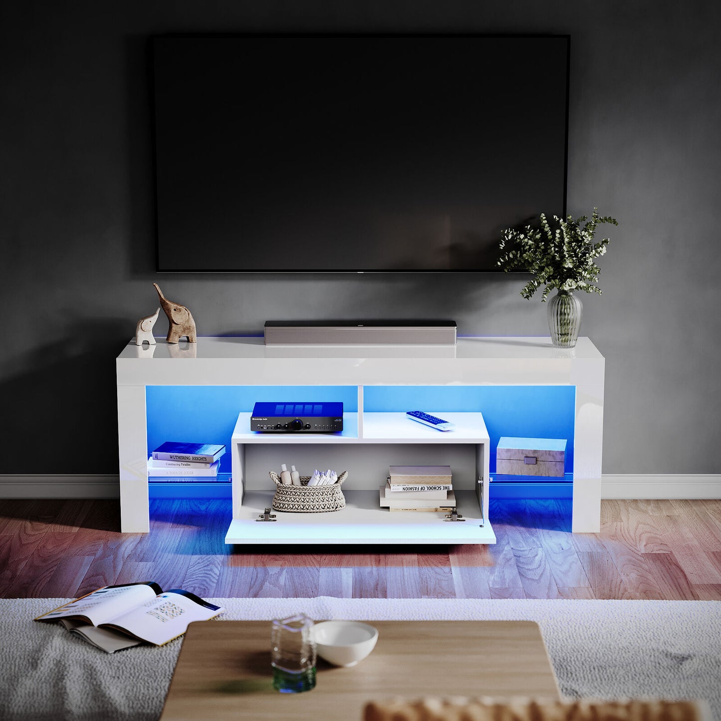 High Gloss White 140cm TV Stand Cabinet Unit Drawer Sideboard with LED Lights