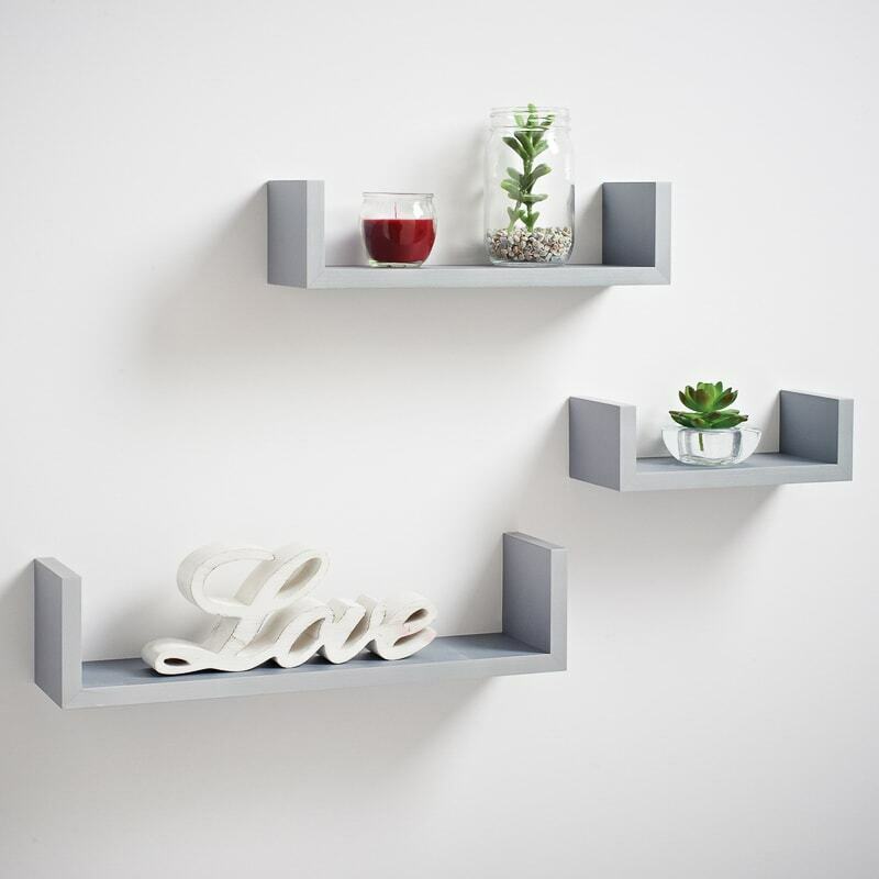 Set of 3 U Shape Floating Wall Shelf Storage Display White Black Oak Grey Blush
