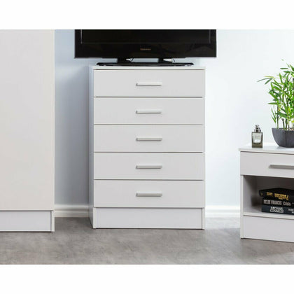 White Gloss Cabinet Chest of 5 Drawers Galaxy Bedroom Unit