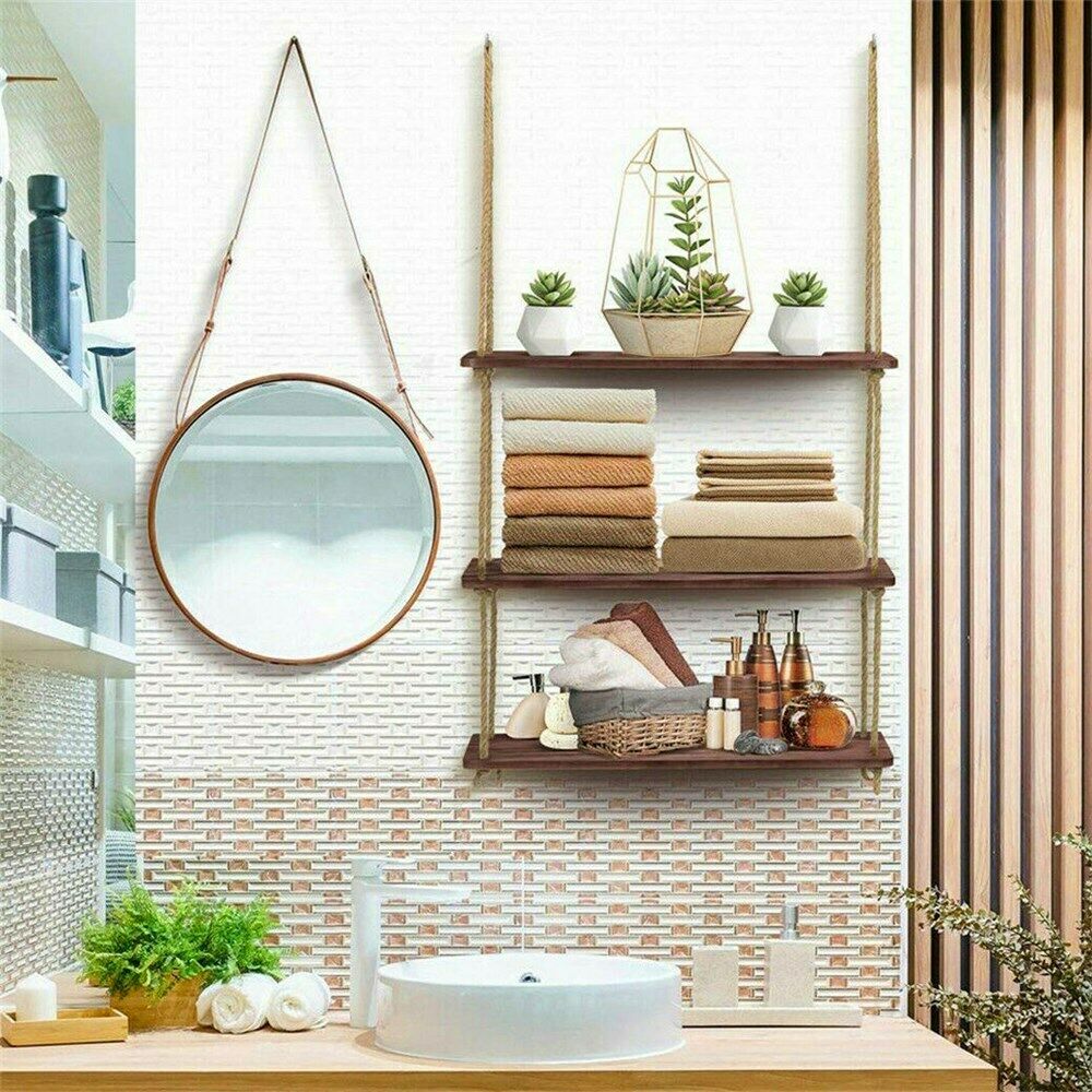 3 Tiers Rustic Wooden Wall Hanging Rope Shelf Mounted Floating Storage Unit Home