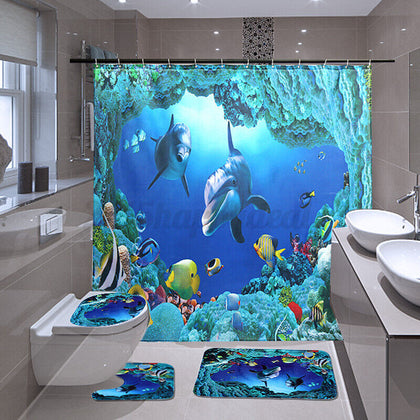 Ocean Dolphin Shower Curtain Anti Slip Bathmats Lid Toilet Cover Pedestal a