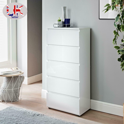 High Gloss White 5 Chest of Drawer Tall Cabinet Handle less Bedroom Furniture