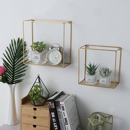 2pcs Floating Modern Gold Wall Shelf Storage Shelves Metal Bookcase Rack Decor