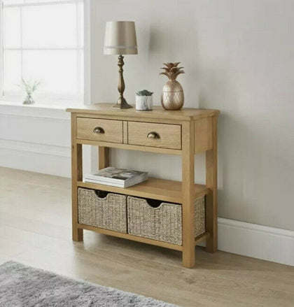 Oak Console Table with Two Storage Baskets - Luxurious Oak Console
