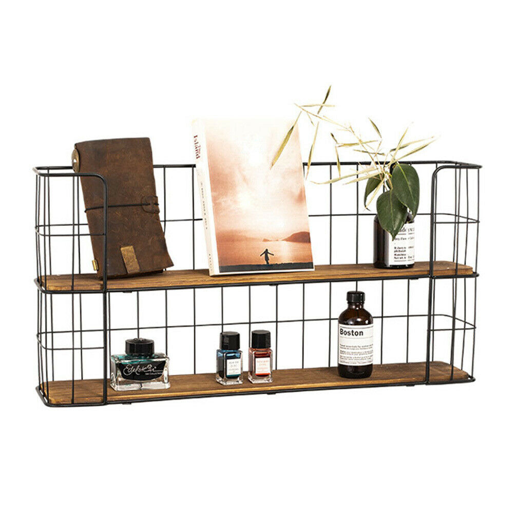 2 Tier Wall Mounted Metal Wire Wood Shelf Floating Shelves Kitchen Storage Rack