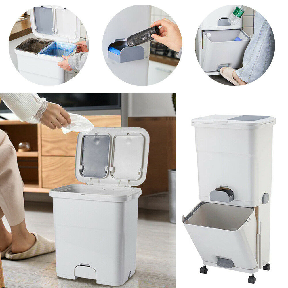 2/3 Compartment Kitchen Recycling Waste Bin Dustbin Trash Bin Rolling ...