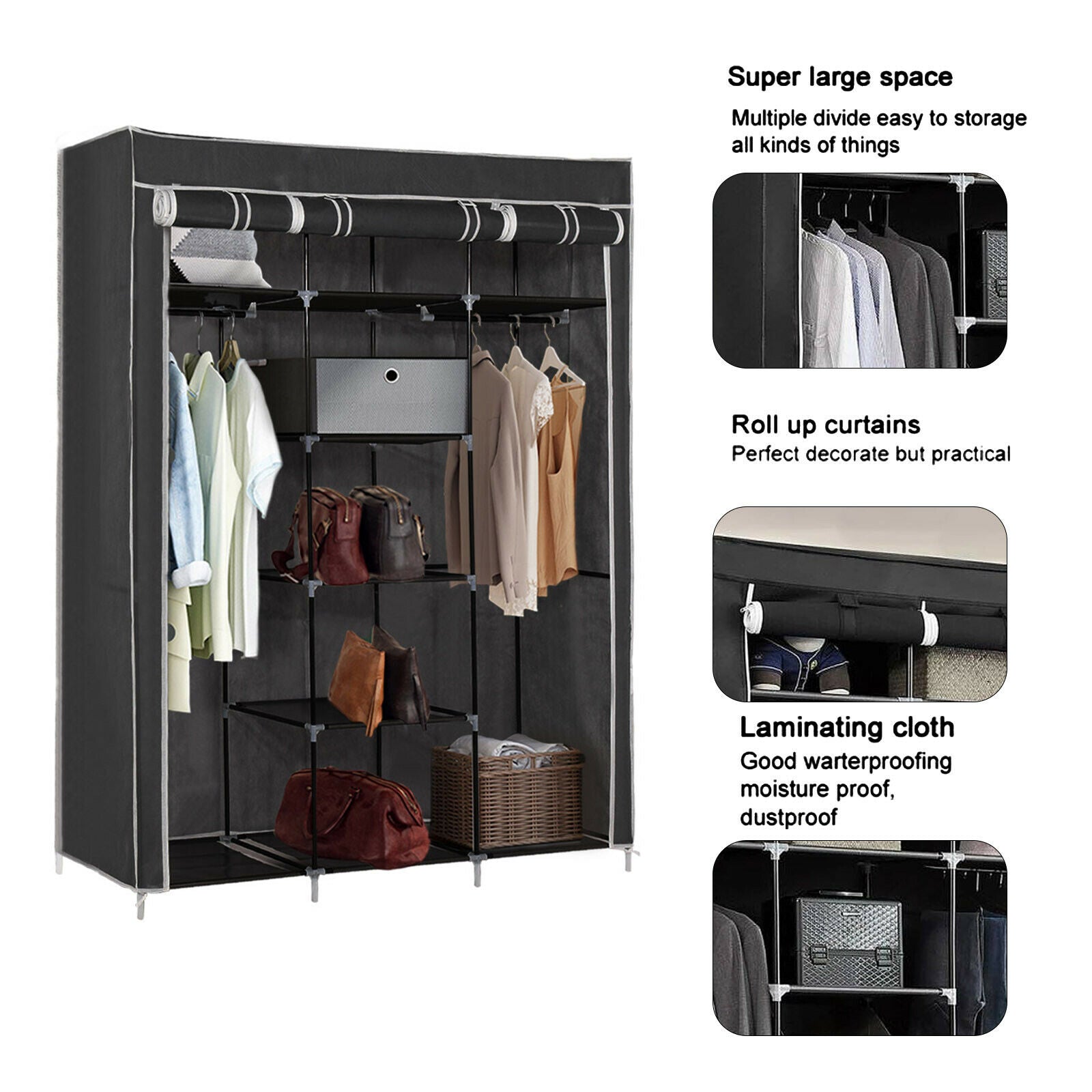 FABRIC LARGE CANVAS WARDROBE HANGING RAIL SHELVING CLOTHES STORAGE CUP ...