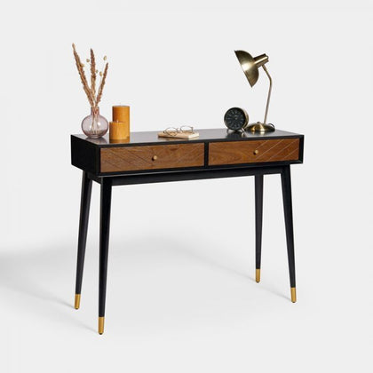 Solid Dark Ash Wood Console Table Wood Chevron Design Gold Detailing