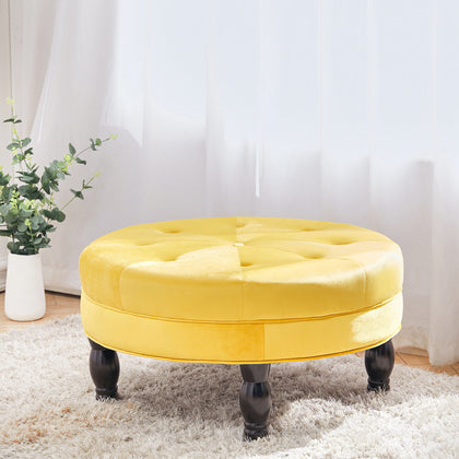 Velvet Padded Coffee Table Round Stool Wooden Leg Round Pouffe Seat Footstool