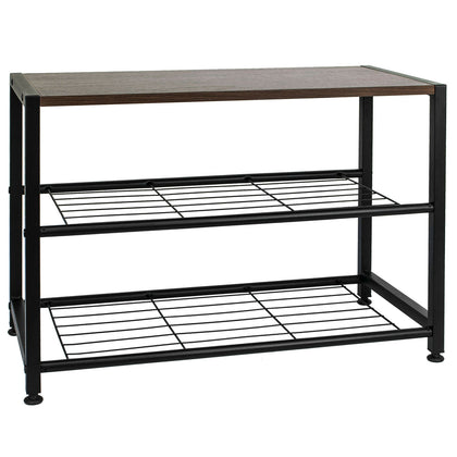 3 Tier Shoe Rack with Walnut Finish Three Shelf Metal Wood Footwear Storage Unit