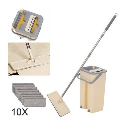 360° Flat Squeeze Microfiber Mop & Bucket Set Home Floor Tiles Cleaning + 10Pads
