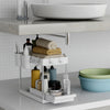 Mondeer 2 Tiers Under Sink Storage Shelf Organizer Rack 4 Hooks and 2 Cups White