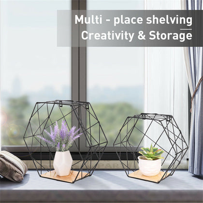 2x Hexagon Wall Shelf Unit Wooden & Black Metal Wall Mounted Decorative Shelving