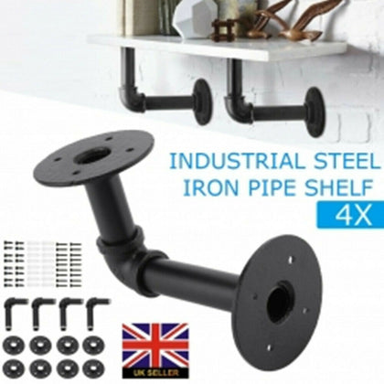 4PC Pipe Shelf Brackets Industrial Iron Rustic Wall Floating Shelves Supports UK