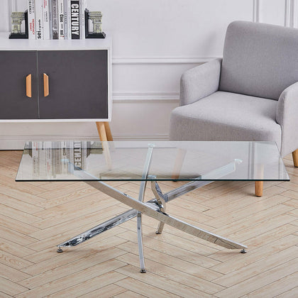 Rectangle Clear Glass Coffee Table With Cross Chrome Leg Living Room Furniture