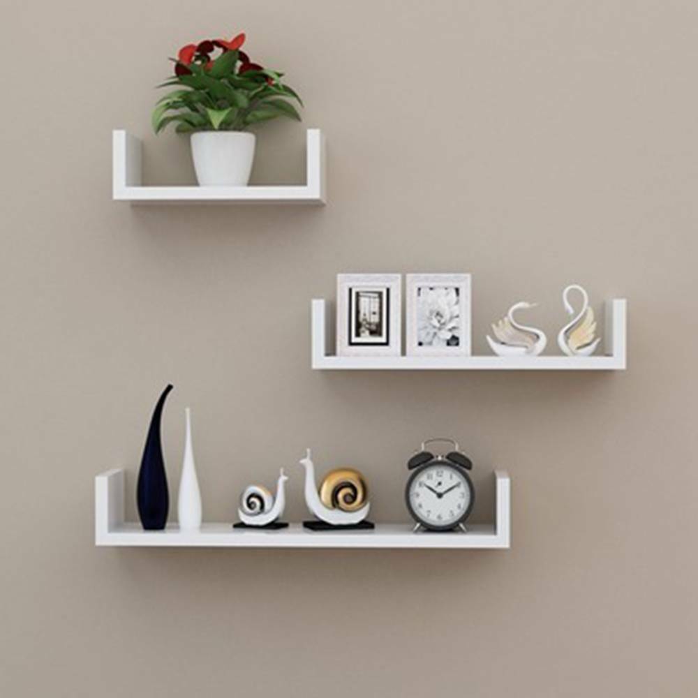 Set of 3 U Shape Floating Wall Shelves Storage Display Shelf Wooden Home Décor