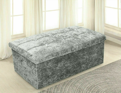 Large Folding Ottoman Silver Ice Velvet Fabric Chest Solid Storage Space Saving