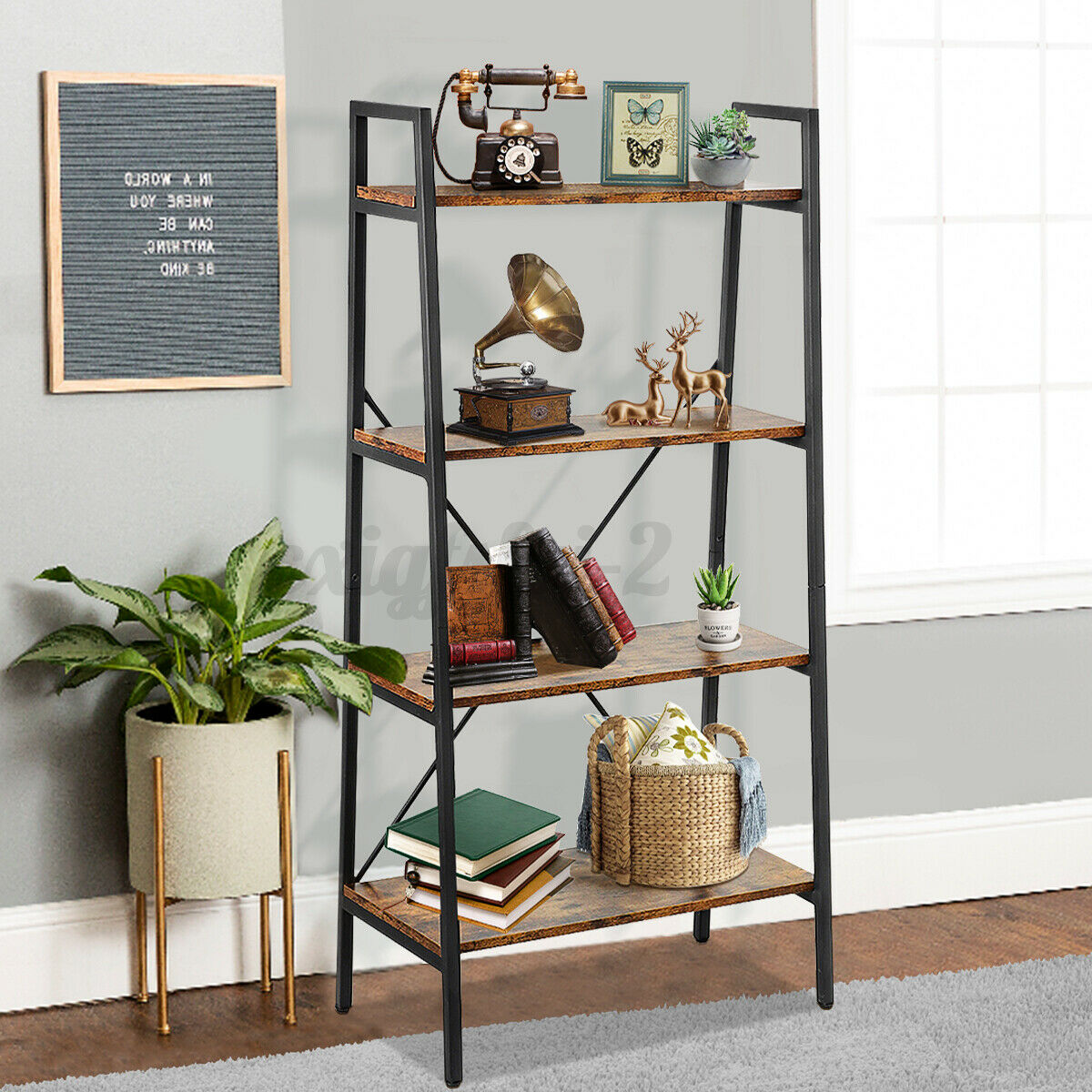4-Tier Ladder Shelf Bookcase Bookshelf Plant Flower Stand Storage Metal Frame UK
