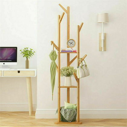 Garment Clothes Coat Rack Stand Wooden Tree Hanger Bag Hat Hook Holder Standing