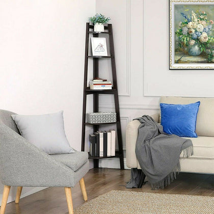 5 Tier Ladder Corner Bookcase Shelving Storage Rack Display Organiser Black