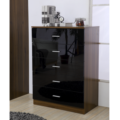 High Gloss REFLECT 5 Drawer Chest - Quality Bedroom Furniture Black/Walnut