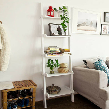 5 Tier Ladder Wall Shelf Home Storage/Display Unit Bookcase Stand Bathroom-White